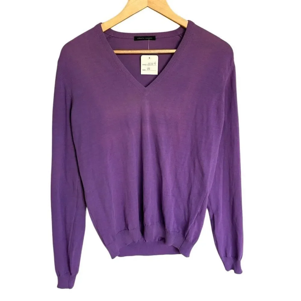 Roberto Collina Unisex V-Neck Cotton and Leather Purple Sweater Size 48
